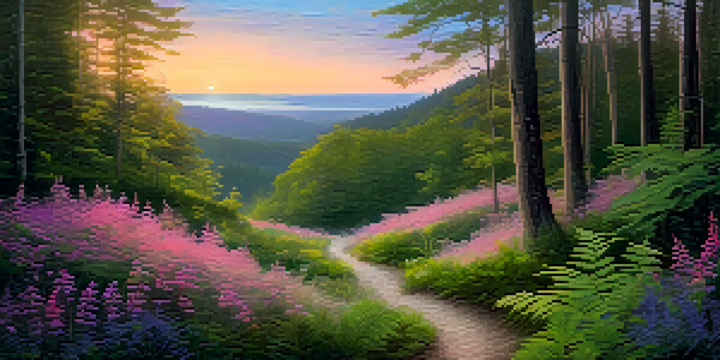 A peaceful forest scene during sunset, featuring a winding path, green ferns, and colorful flowers under a pink and purple sky.