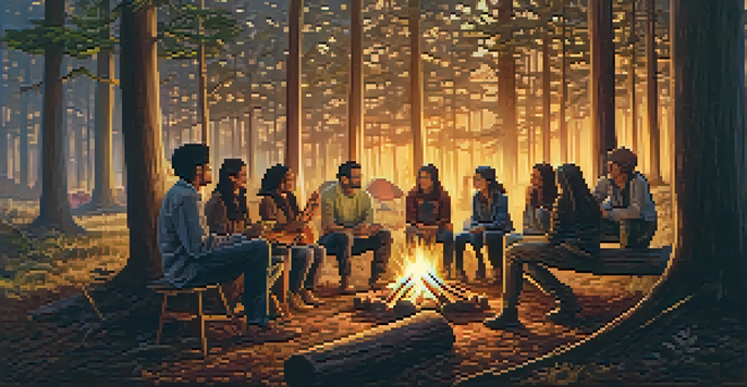 A group of friends sitting around a campfire in a forest at sunset, sharing smiles and stories.