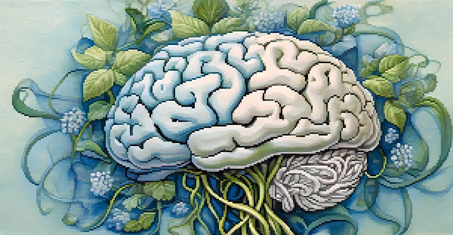 A colorful brain made of vines and flowers against a soft blue and green background, symbolizing healing.