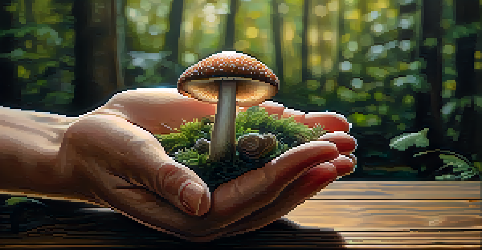 A hand holding a psilocybin mushroom on a wooden table, with soft lighting and natural textures.