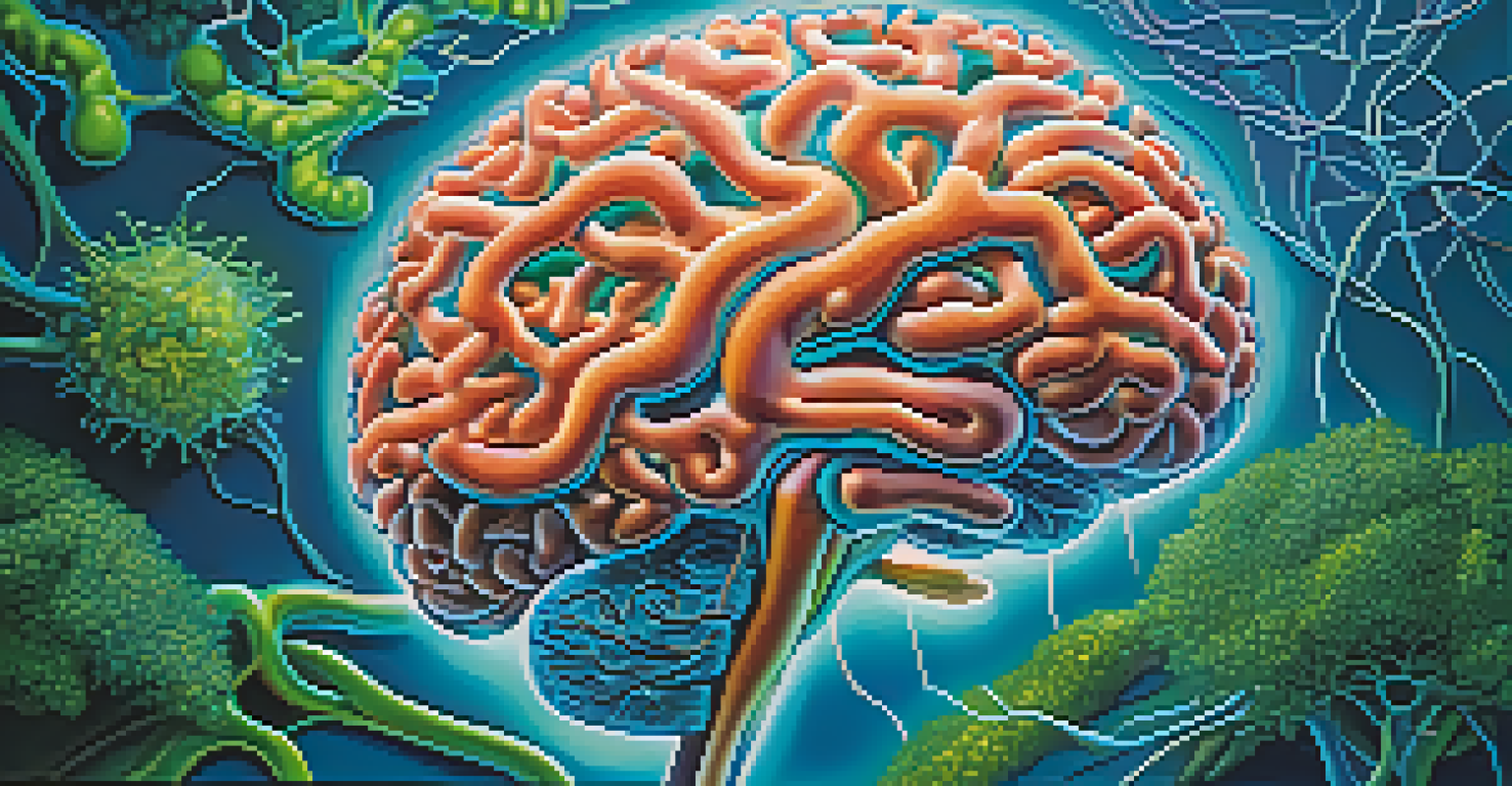 Artistic illustration of the human brain linked to the immune system, with glowing pathways and vibrant cells against a gradient background.