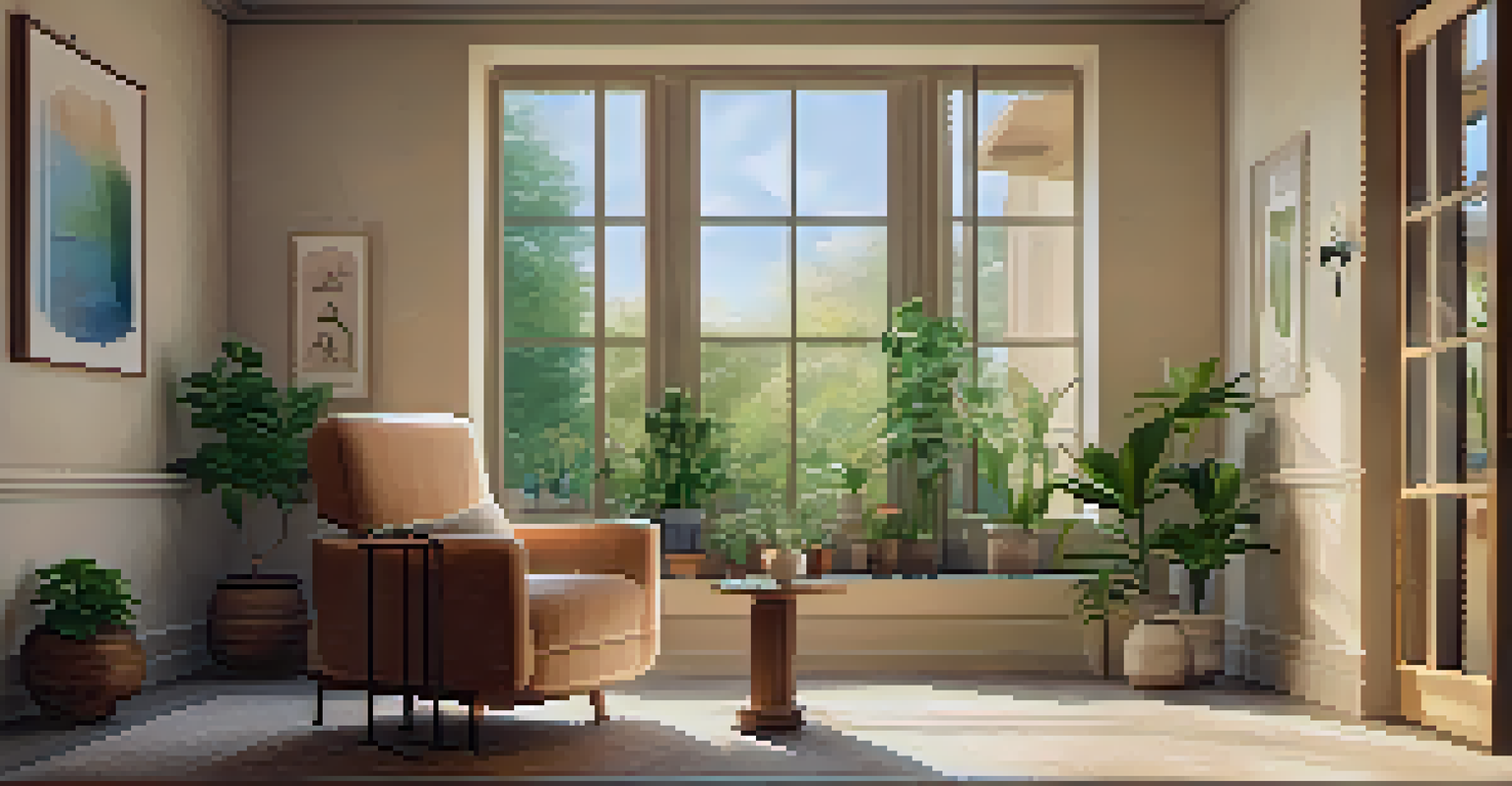 A peaceful therapy room with soft lighting, a comfortable armchair, and calming artwork, overlooking a lush garden.