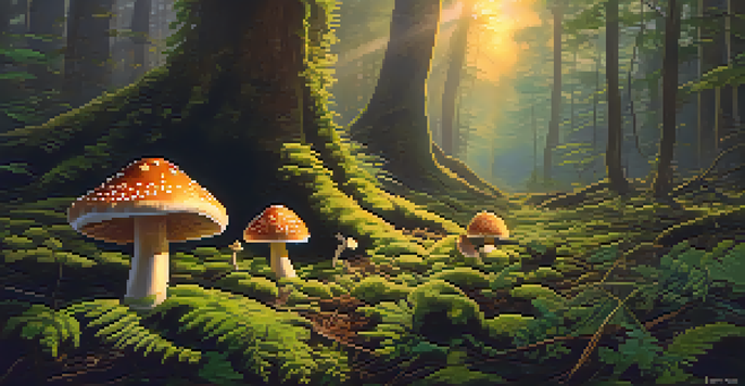 A forest clearing illuminated by golden hour sunlight, featuring vibrant mushrooms surrounded by green moss and ferns.