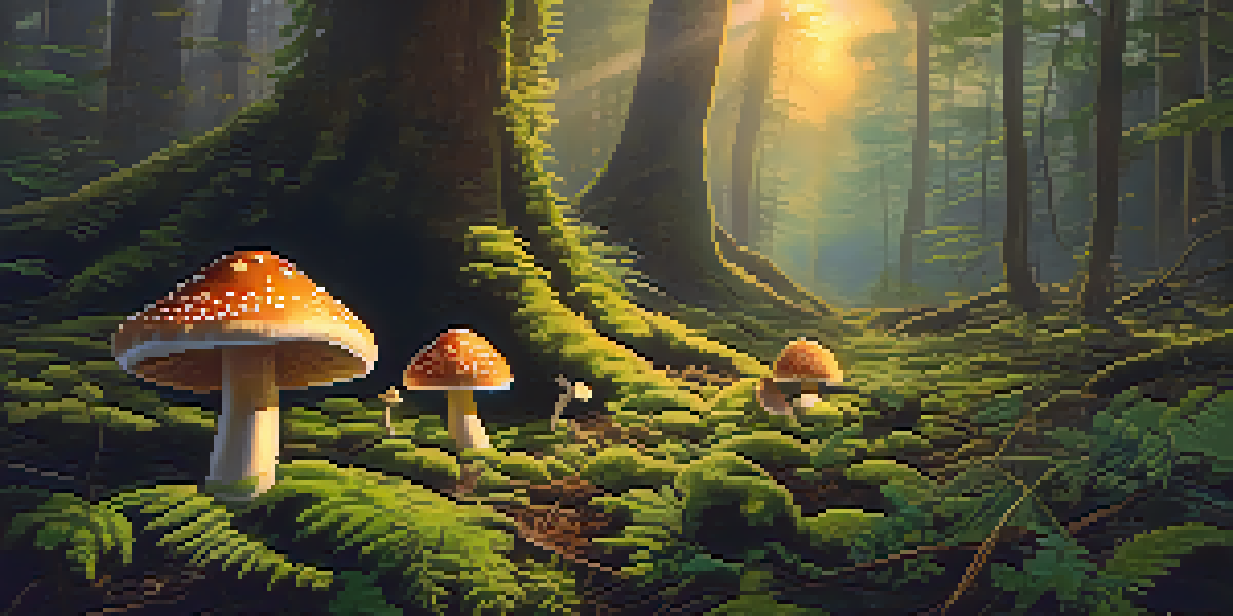A forest clearing illuminated by golden hour sunlight, featuring vibrant mushrooms surrounded by green moss and ferns.