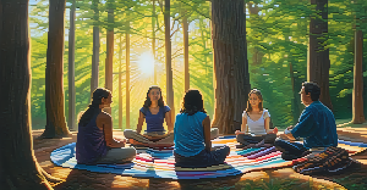 A small group sitting in a circle on blankets in a forest, participating in a guided meditation under dappled sunlight.