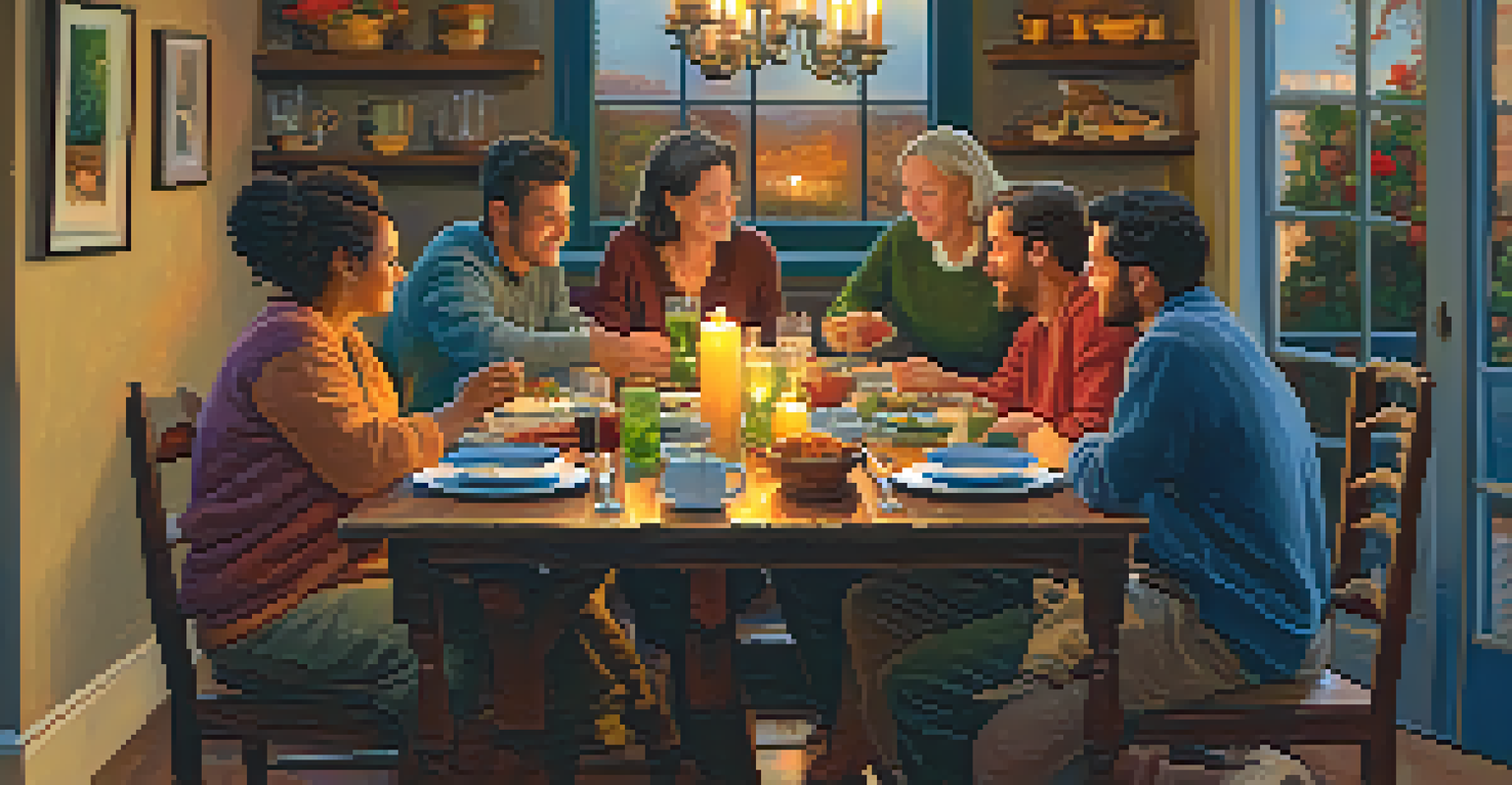 A cozy indoor gathering with friends around a table sharing a meal, warmly lit by candles, creating an intimate atmosphere.