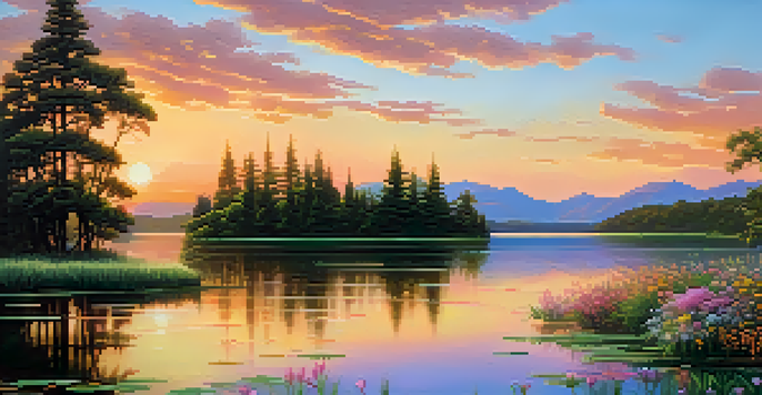 A picturesque sunset over a calm lake surrounded by greenery and mountains, showcasing vibrant colors and reflections on the water.