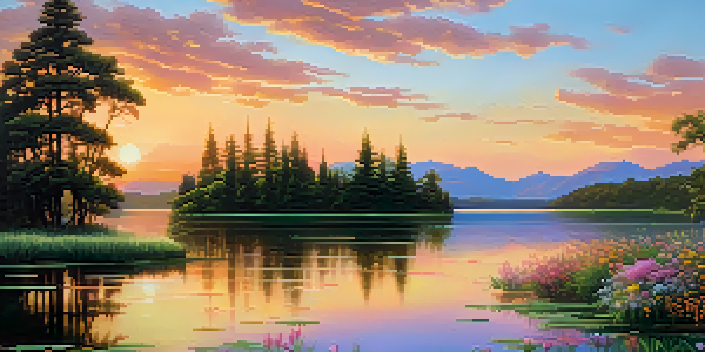 A picturesque sunset over a calm lake surrounded by greenery and mountains, showcasing vibrant colors and reflections on the water.