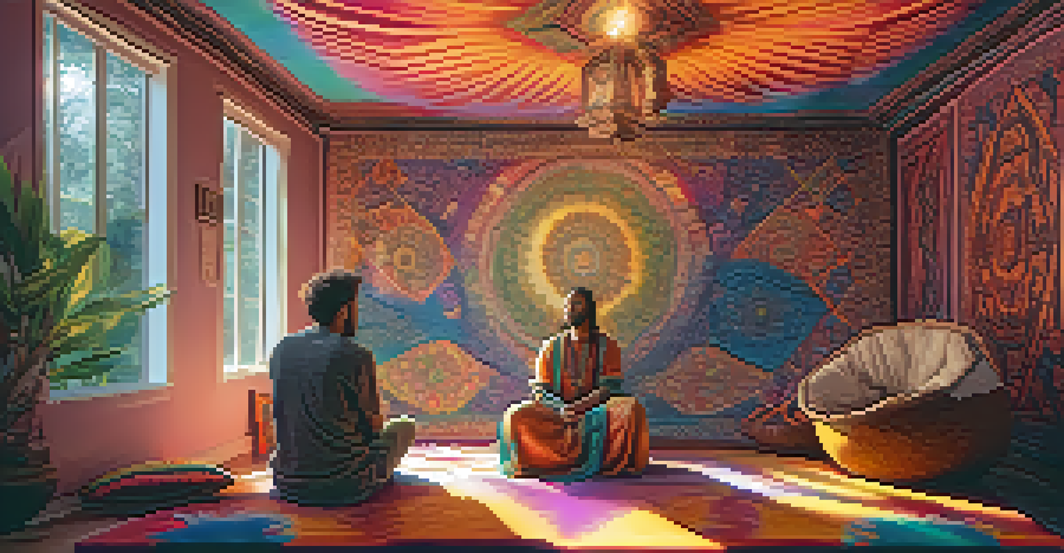 An indoor setting for a guided psychedelic retreat, featuring a facilitator supporting a participant in a cozy, warmly lit space with colorful decor.