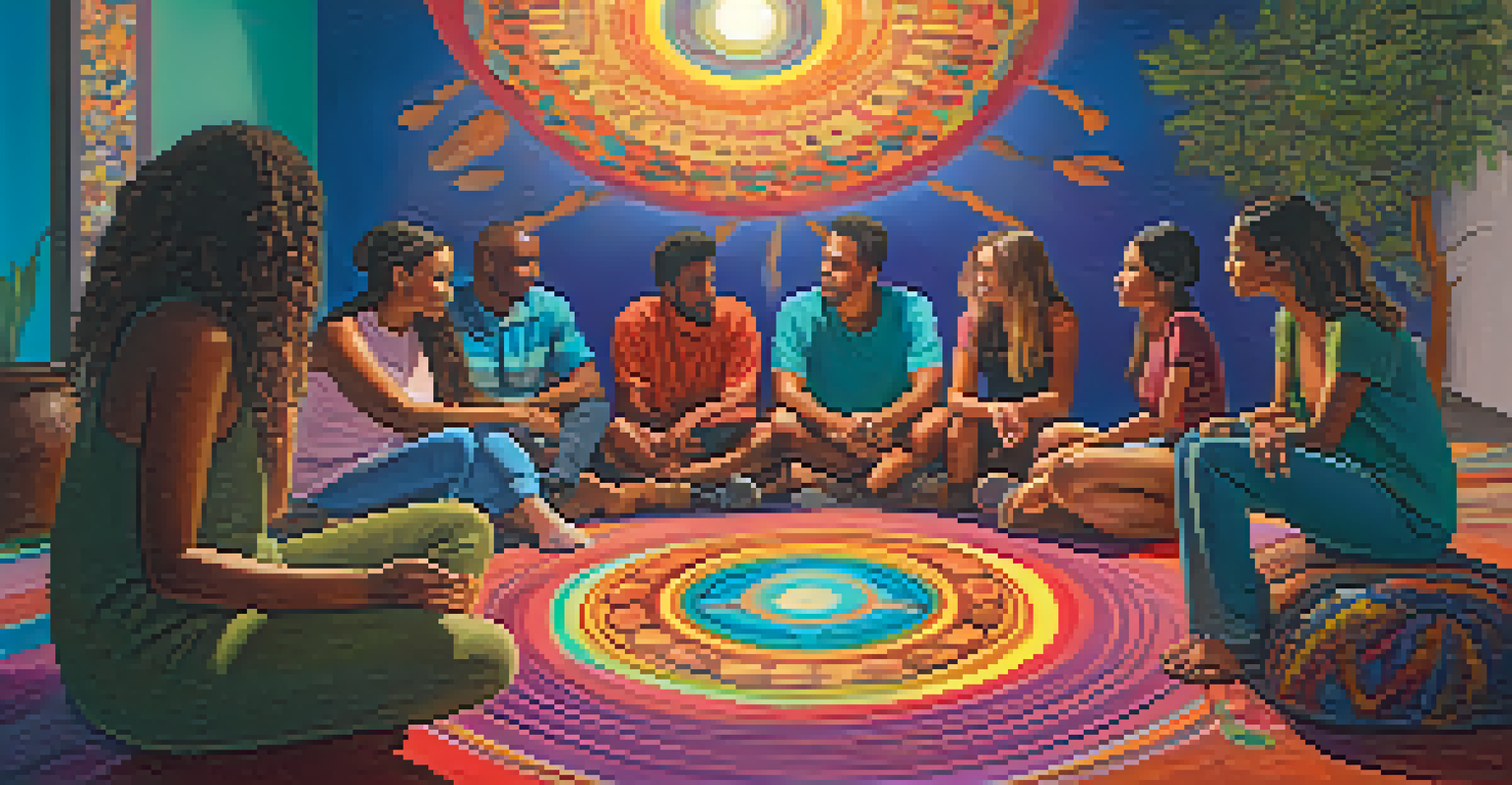 A diverse group of people sitting in a circle in a cozy setting, sharing their experiences during a therapy session.