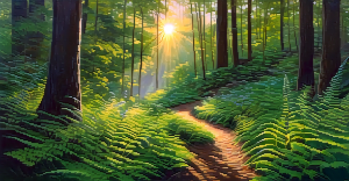 A peaceful forest with sunlight filtering through the trees, casting dappled shadows on a winding path surrounded by green ferns and wildflowers.