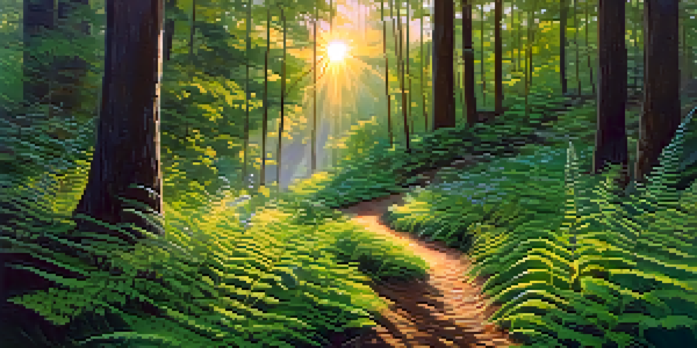 A peaceful forest with sunlight filtering through the trees, casting dappled shadows on a winding path surrounded by green ferns and wildflowers.