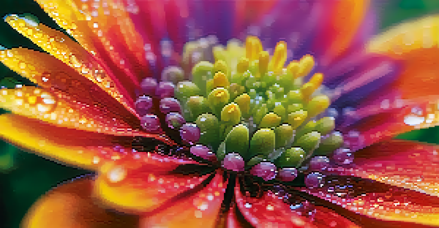 A close-up of a colorful flower with dew droplets, set against a softly blurred green background.