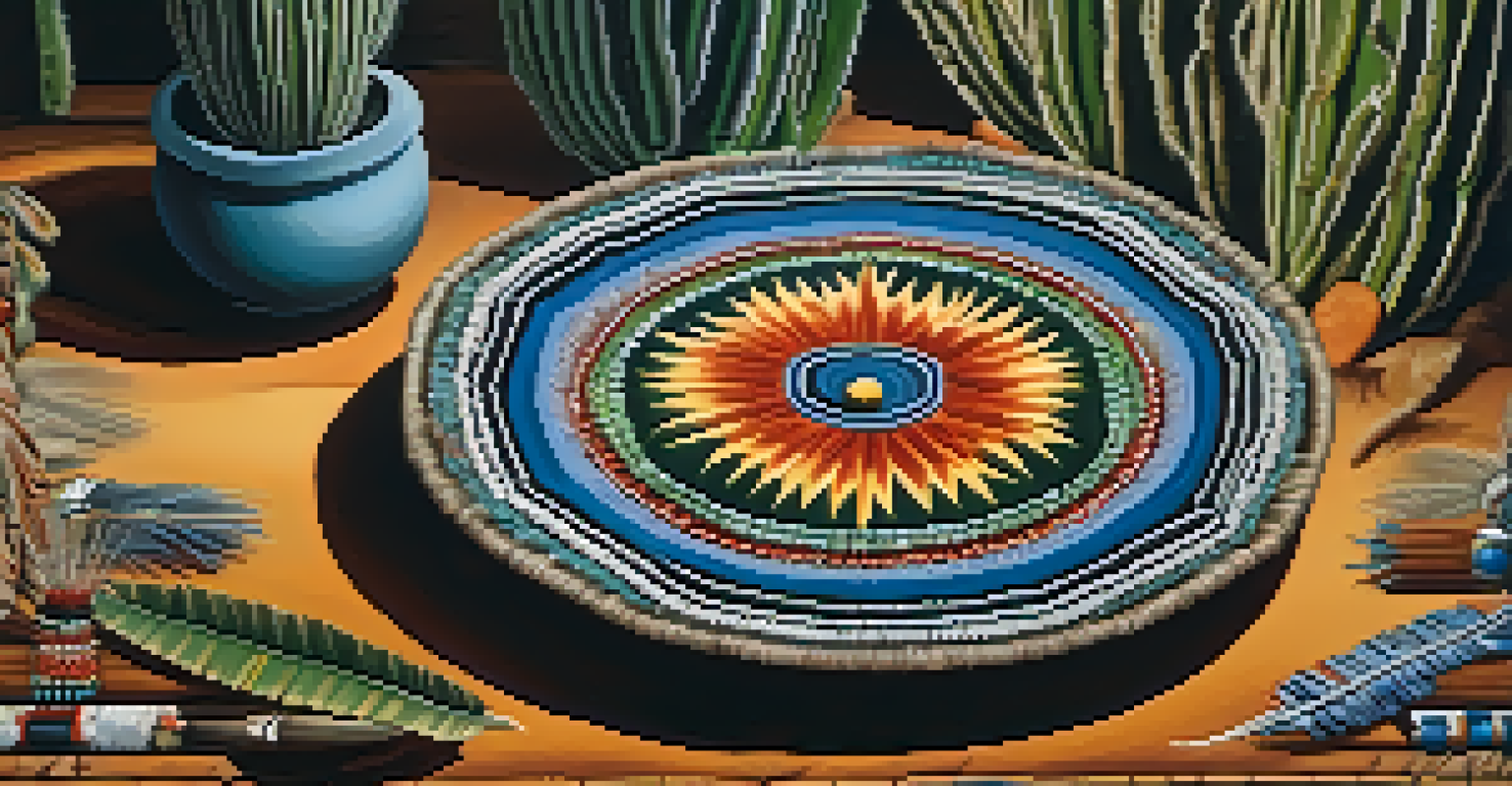 A close-up of a ceremonial setting with indigenous artwork, featuring a peyote cactus and adorned with natural materials and feathers.