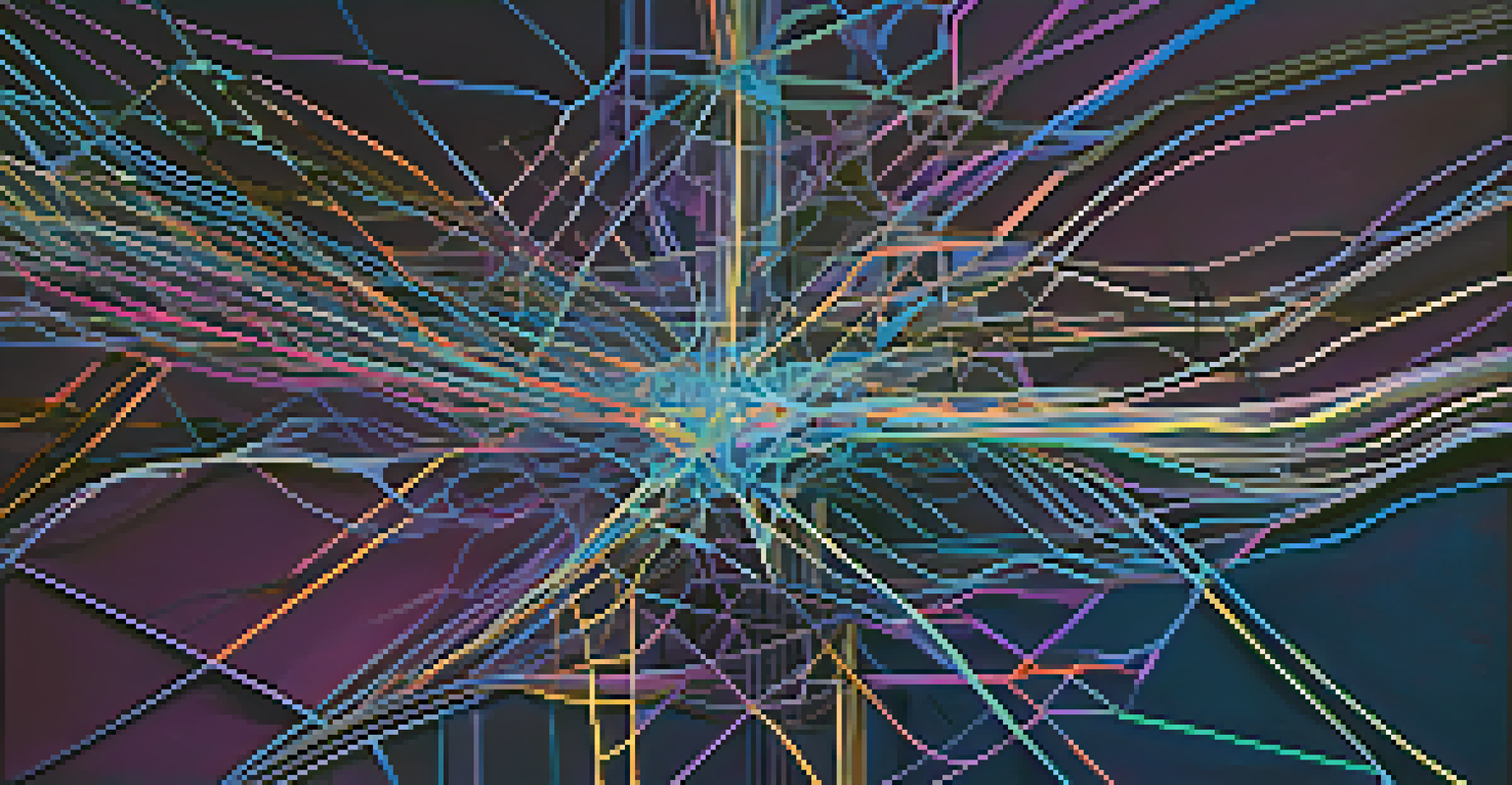 An abstract image illustrating neural connections with colorful lines and nodes against a dark background.