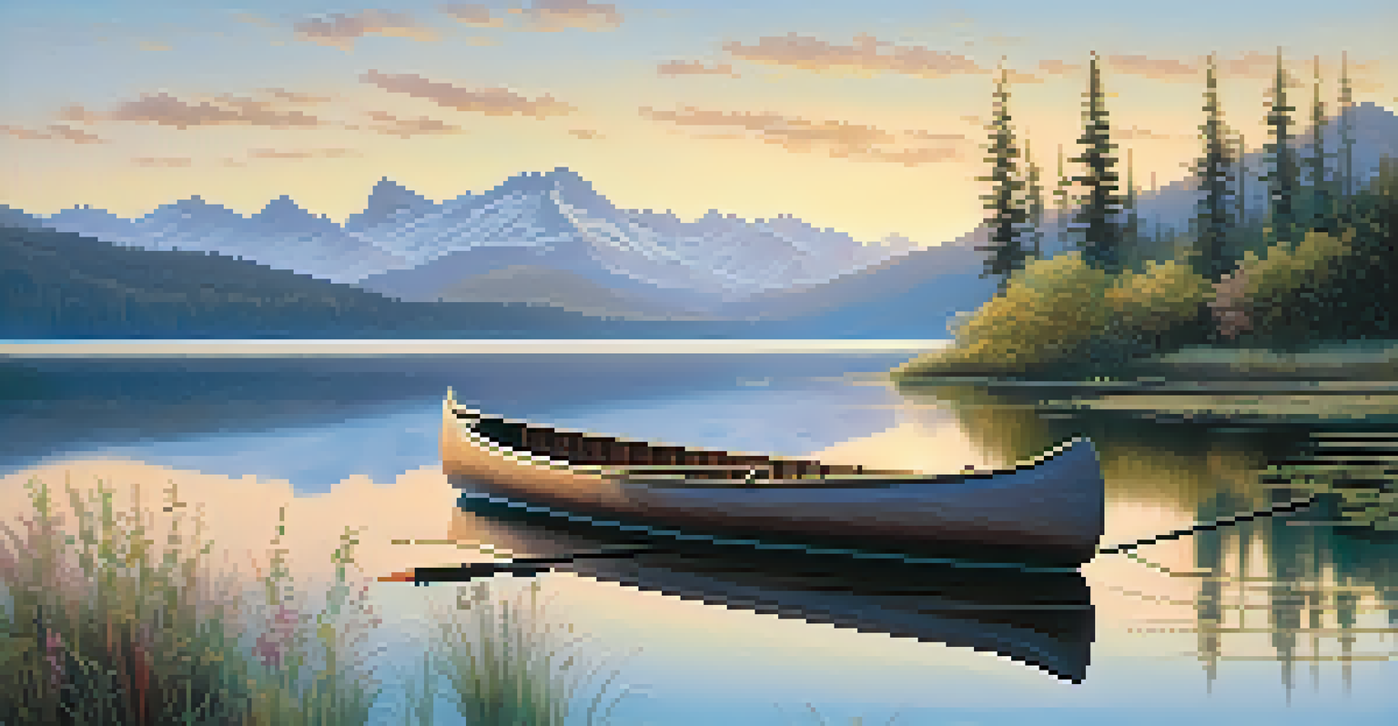 A peaceful lakeside view at sunrise with wildflowers in the foreground and a canoe tied to a dock.