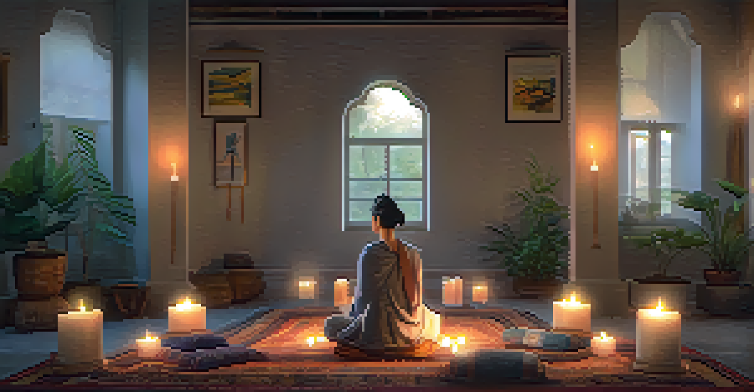 A person meditating in a softly lit room filled with candles and textiles, creating a serene atmosphere for inner reflection.