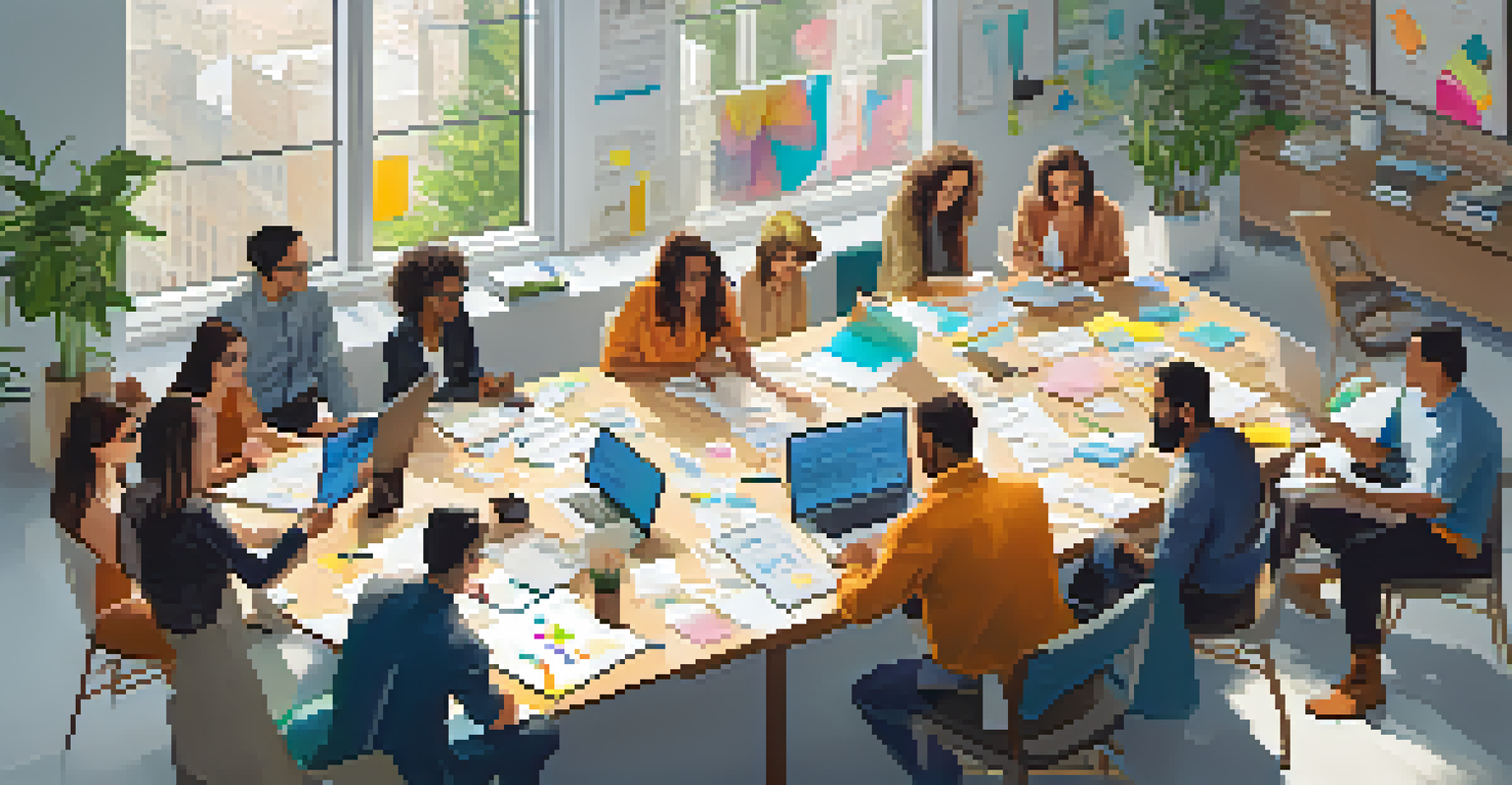 A creative workspace with diverse individuals brainstorming around a table filled with notes and digital devices in a bright room.