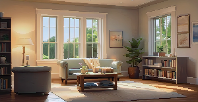 A cozy therapy room with soft lighting, a comfortable couch, calming essential oils, and a peaceful garden view.