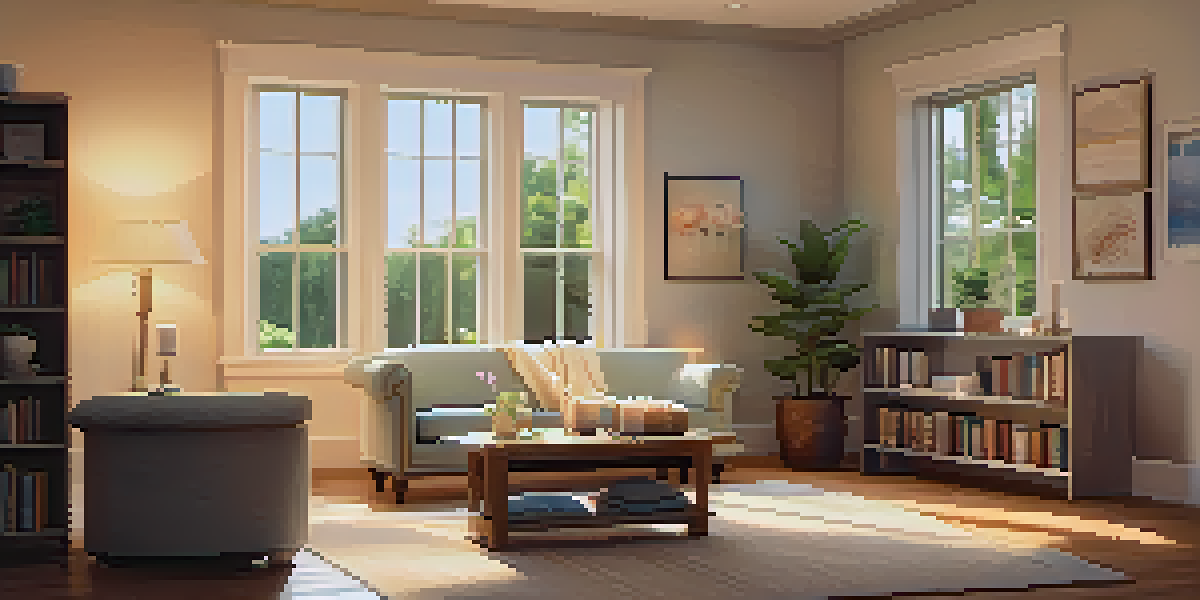 A cozy therapy room with soft lighting, a comfortable couch, calming essential oils, and a peaceful garden view.