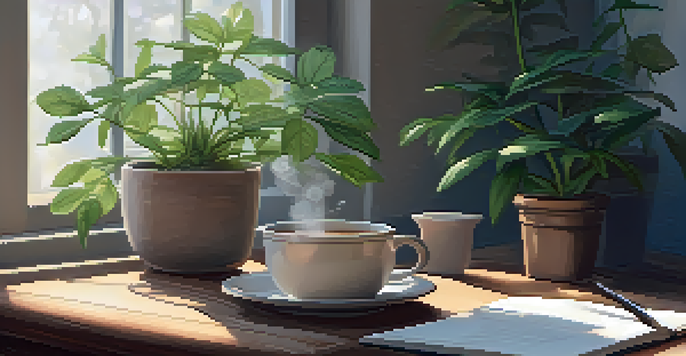 A peaceful workspace with an open journal, a cup of herbal tea, and a plant, illuminated by soft natural light.