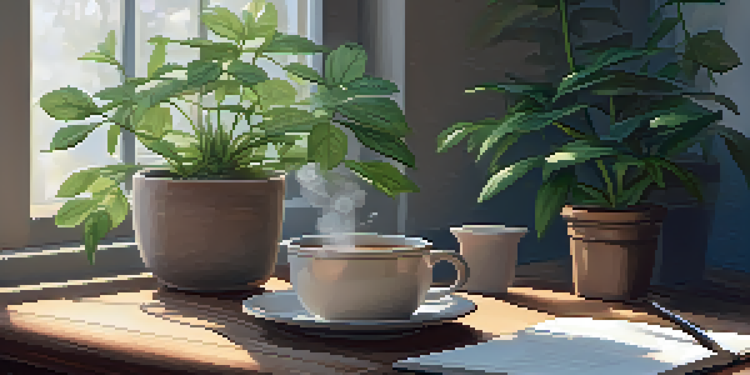 A peaceful workspace with an open journal, a cup of herbal tea, and a plant, illuminated by soft natural light.