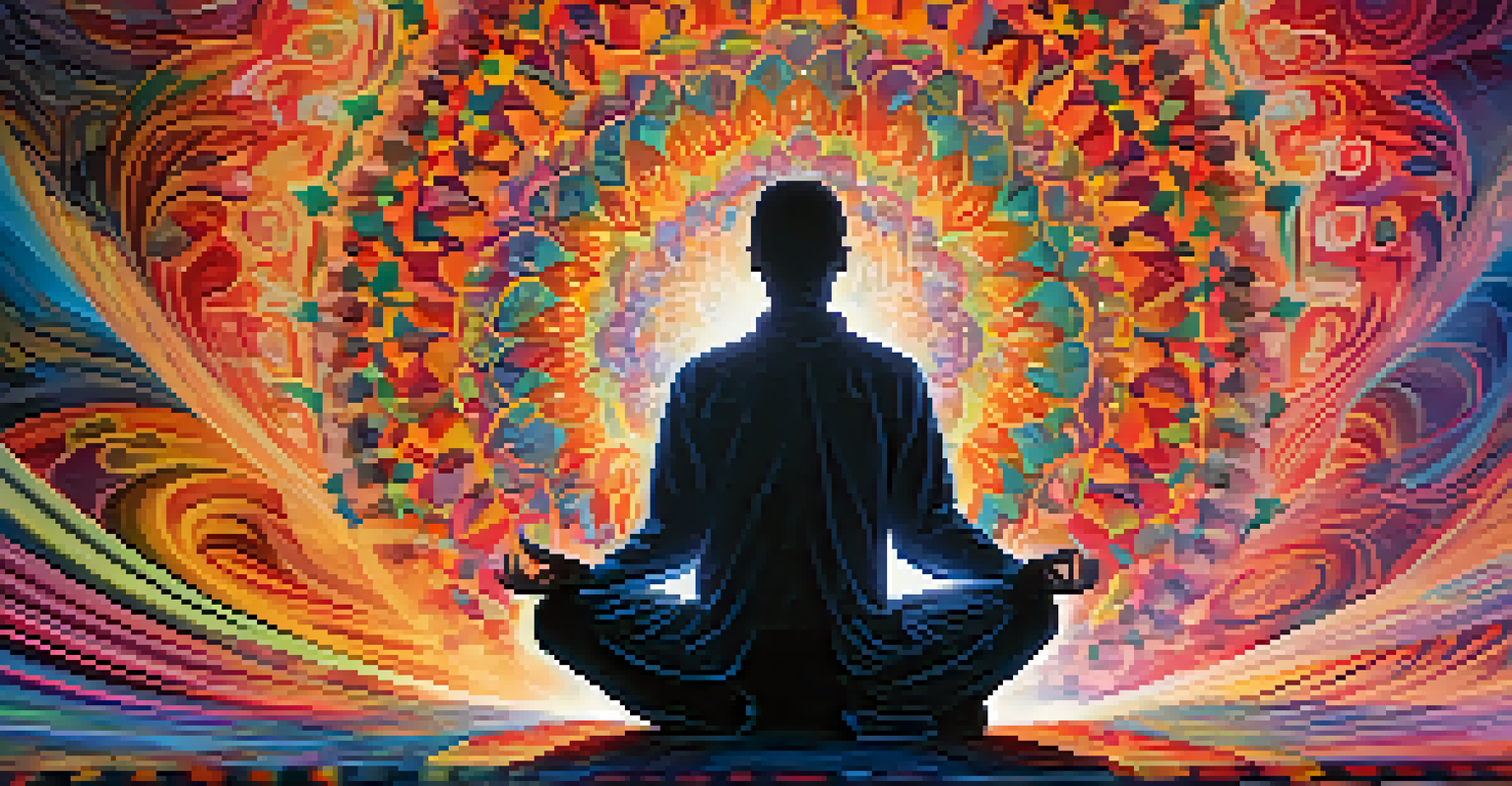 An abstract image depicting a psychedelic experience with vibrant colors and a silhouette of a person meditating.