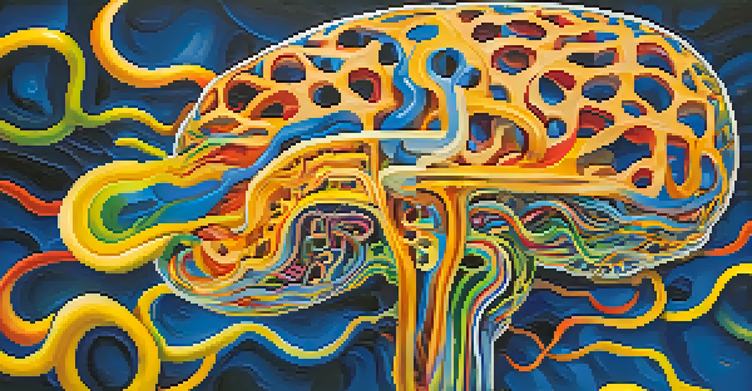 An abstract image of a brain with vibrant colors and swirling patterns, illustrating the effects of hallucinogens on perception.
