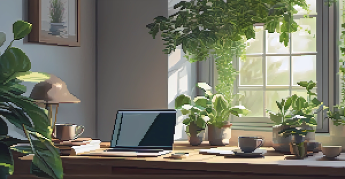 A peaceful workspace with a laptop on a wooden desk, surrounded by green plants and a cup of herbal tea, illuminated by soft sunlight.