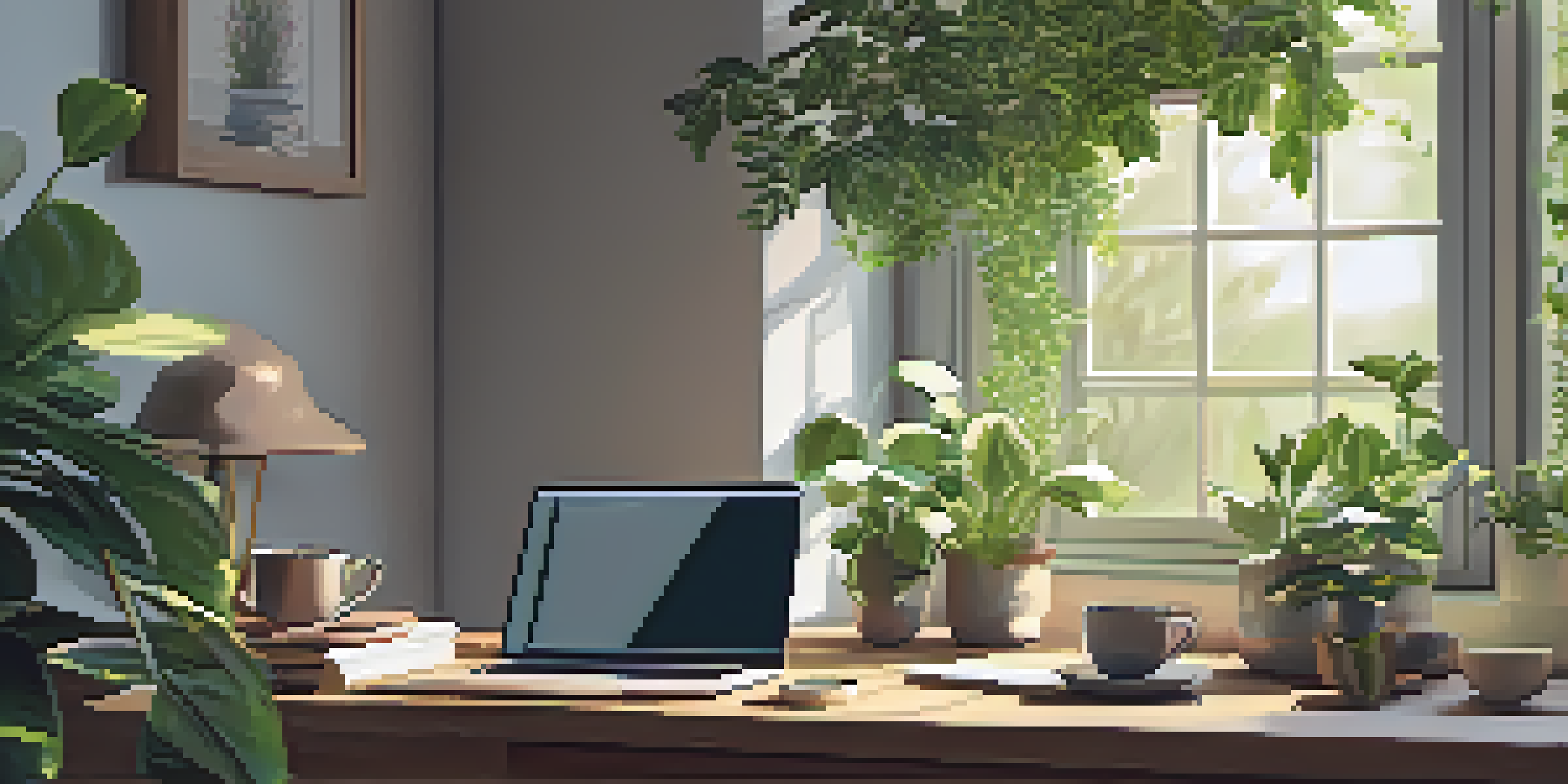 A peaceful workspace with a laptop on a wooden desk, surrounded by green plants and a cup of herbal tea, illuminated by soft sunlight.