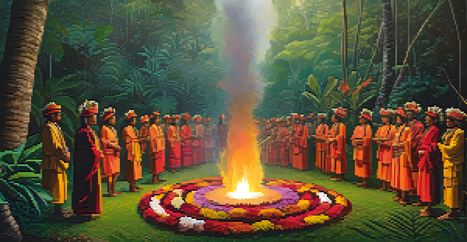 An indigenous ceremony in a jungle, with participants around a ceremonial fire, surrounded by flowers and leaves.