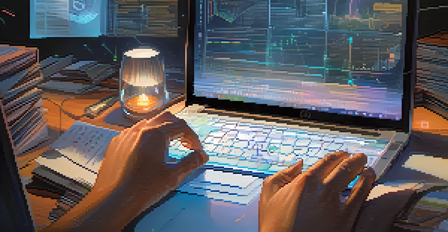 A close-up of hands typing on a laptop with holographic data and graphs above it, in a cozy workspace.