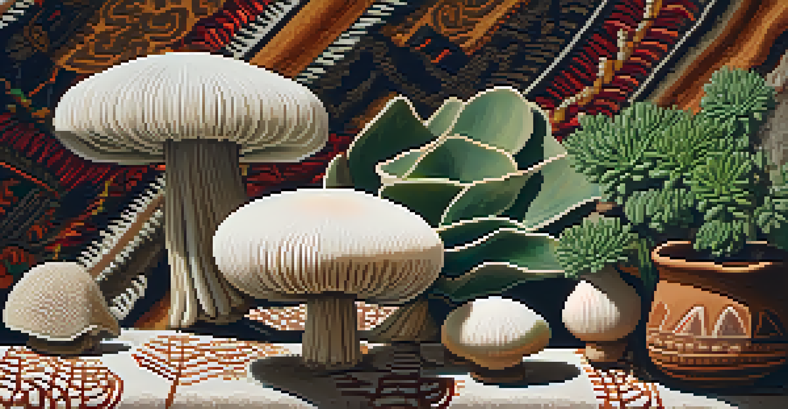 A close-up of sacred hallucinogenic plants on a woven cloth with traditional artifacts.