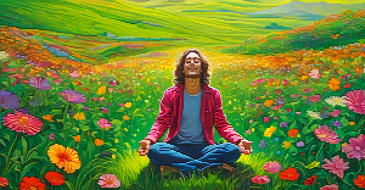 A person sitting in a meadow surrounded by flowers, expressing joy with colorful light swirling from their heart, symbolizing emotional release.