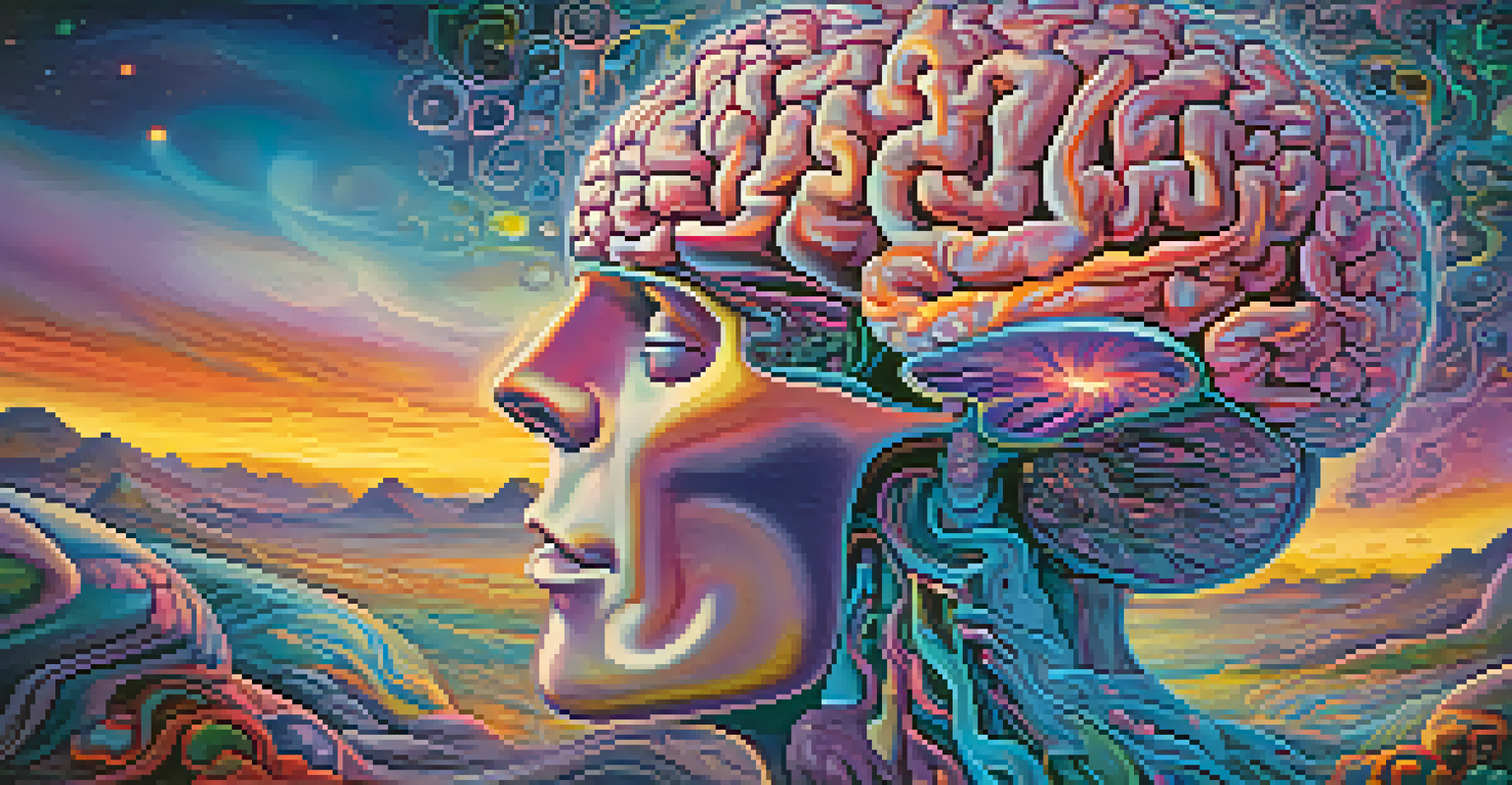 An abstract depiction of a brain with swirling colors and patterns, representing a psychedelic experience, against a background of clouds.
