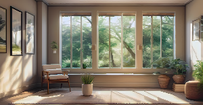 A cozy therapy room filled with soft light, a comfortable couch, and calming decorations, overlooking a scenic outdoor view.