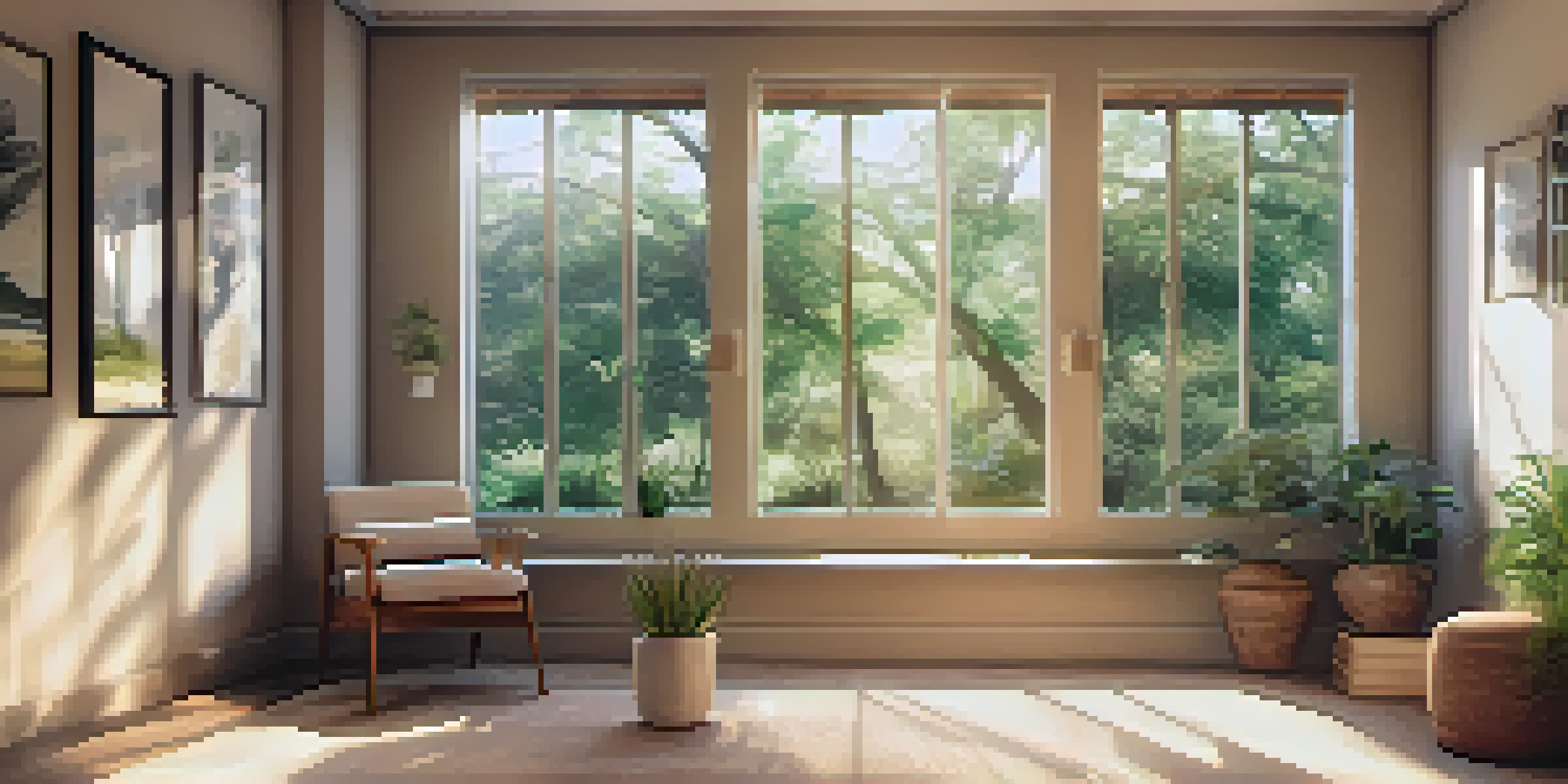 A cozy therapy room filled with soft light, a comfortable couch, and calming decorations, overlooking a scenic outdoor view.