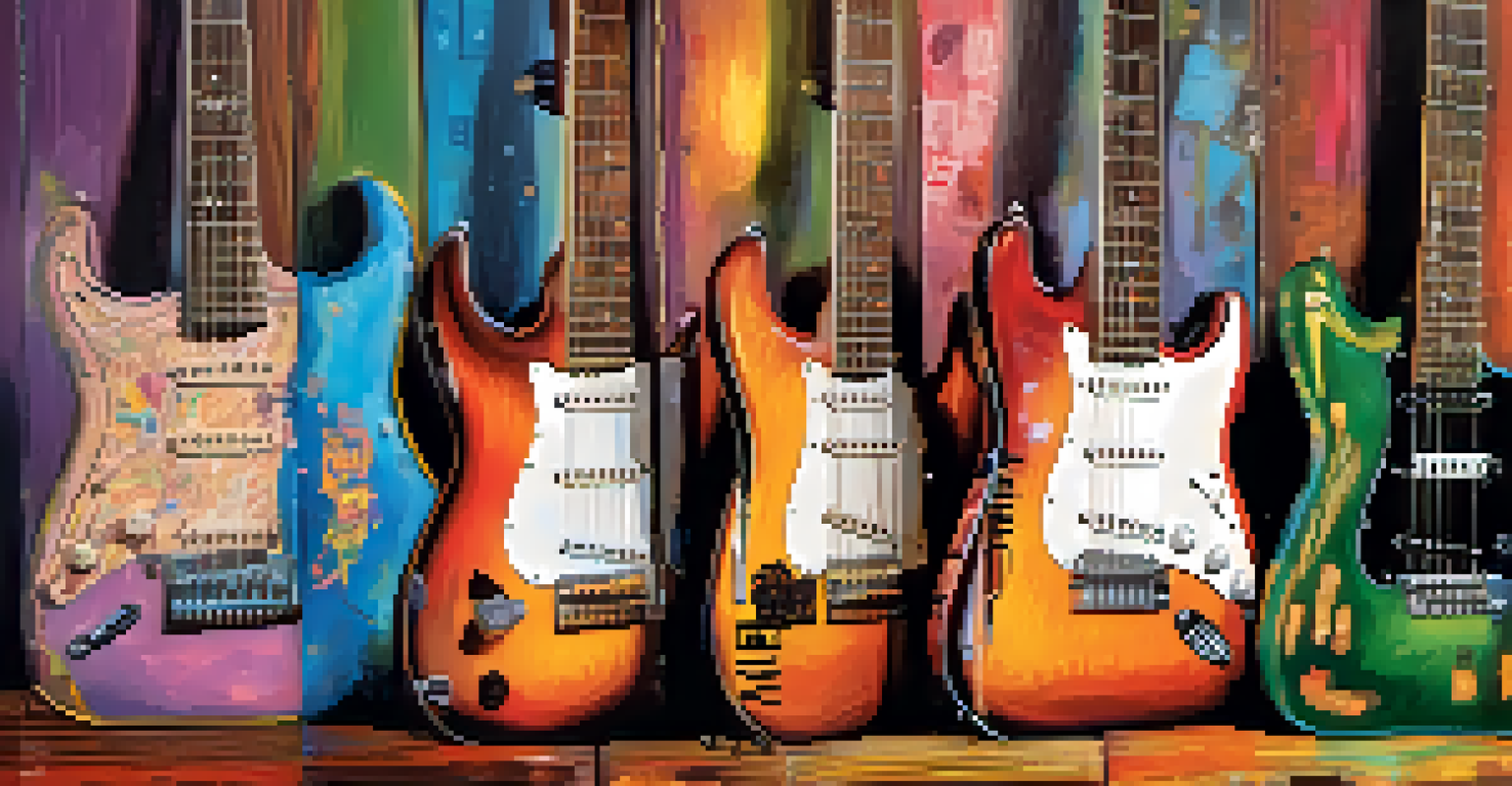 A vintage guitar leaning against colorful album covers from grunge and psychedelic bands, with soft lighting enhancing its worn textures.