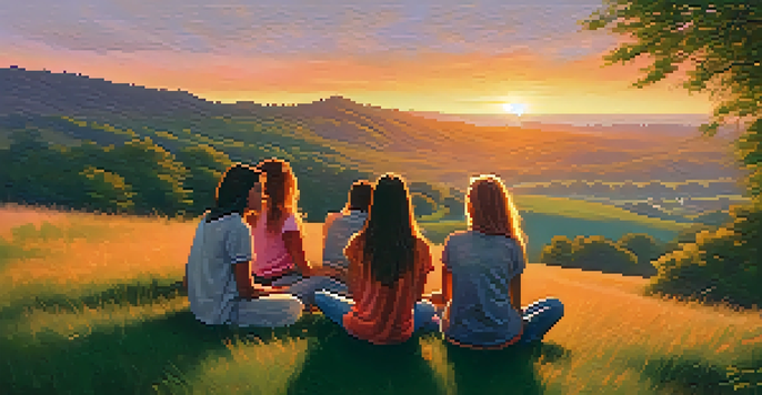 A diverse group of friends sitting on a grassy hill during sunset, sharing an emotional moment in nature.