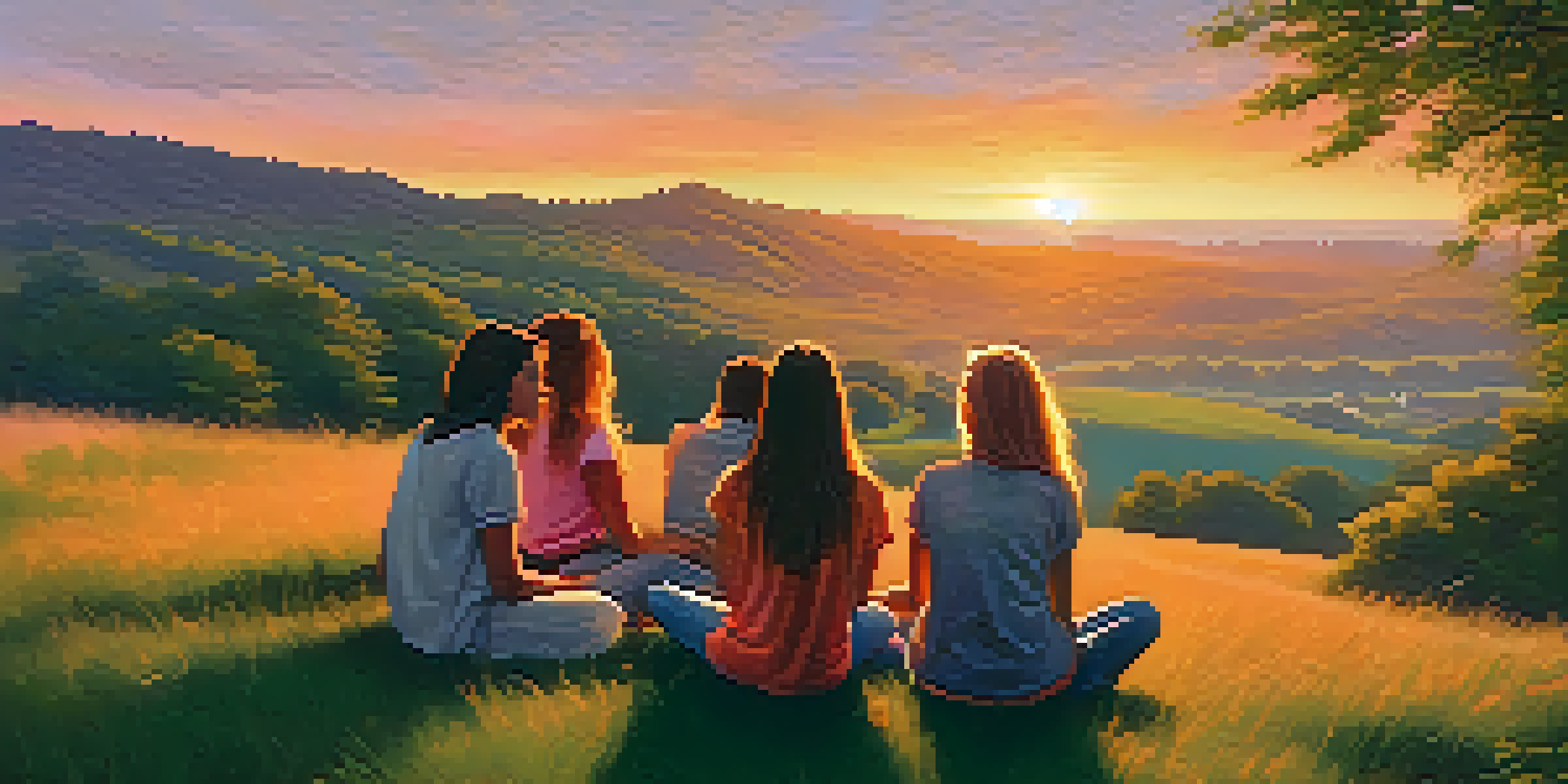A diverse group of friends sitting on a grassy hill during sunset, sharing an emotional moment in nature.