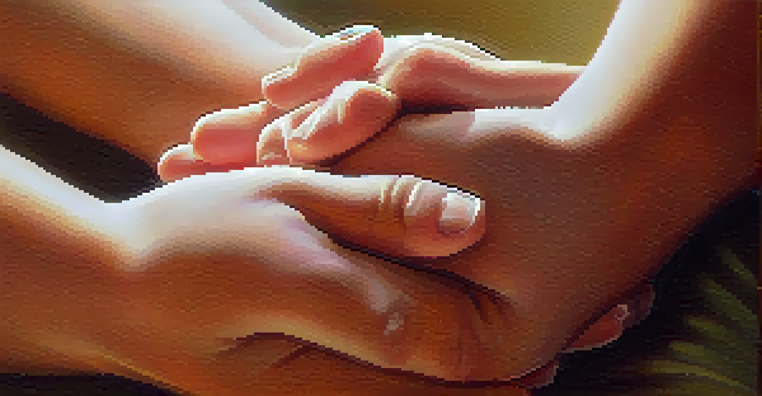 A close-up image of two hands clasped together, symbolizing trust and support in a therapeutic alliance, with a softly blurred therapy room background.