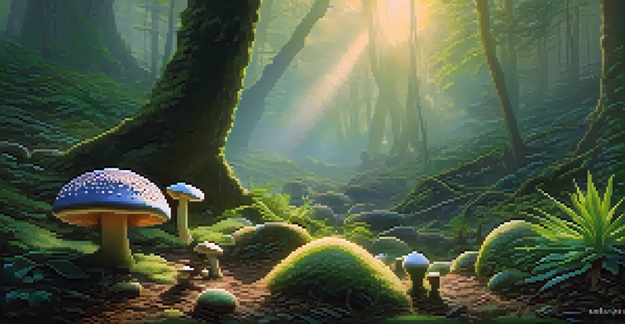 A peaceful forest at dawn with various hallucinogenic plants like mushrooms and cacti, soft light filtering through trees and mist.