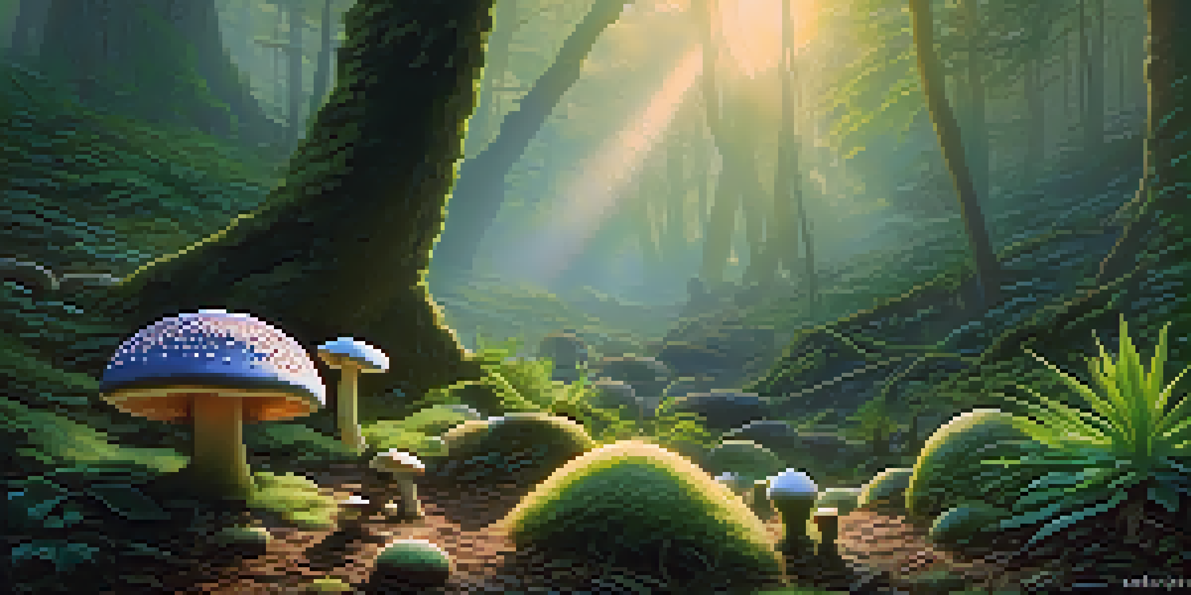 A peaceful forest at dawn with various hallucinogenic plants like mushrooms and cacti, soft light filtering through trees and mist.