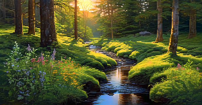 A peaceful forest landscape with sunlight streaming through trees, illuminating wildflowers and a flowing stream.