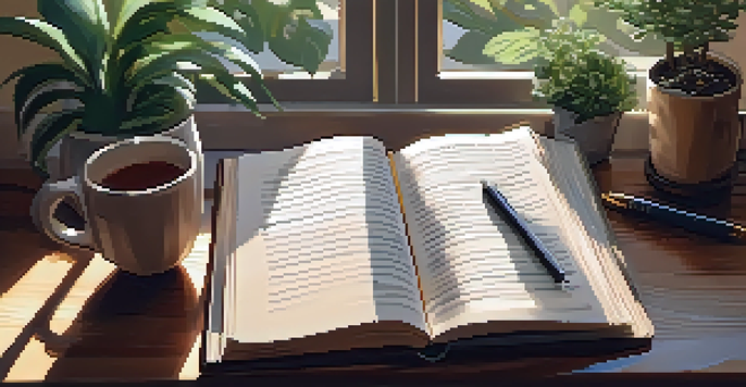 A cozy journaling space with a wooden table, an open journal and pen, potted plants, and soft lighting.