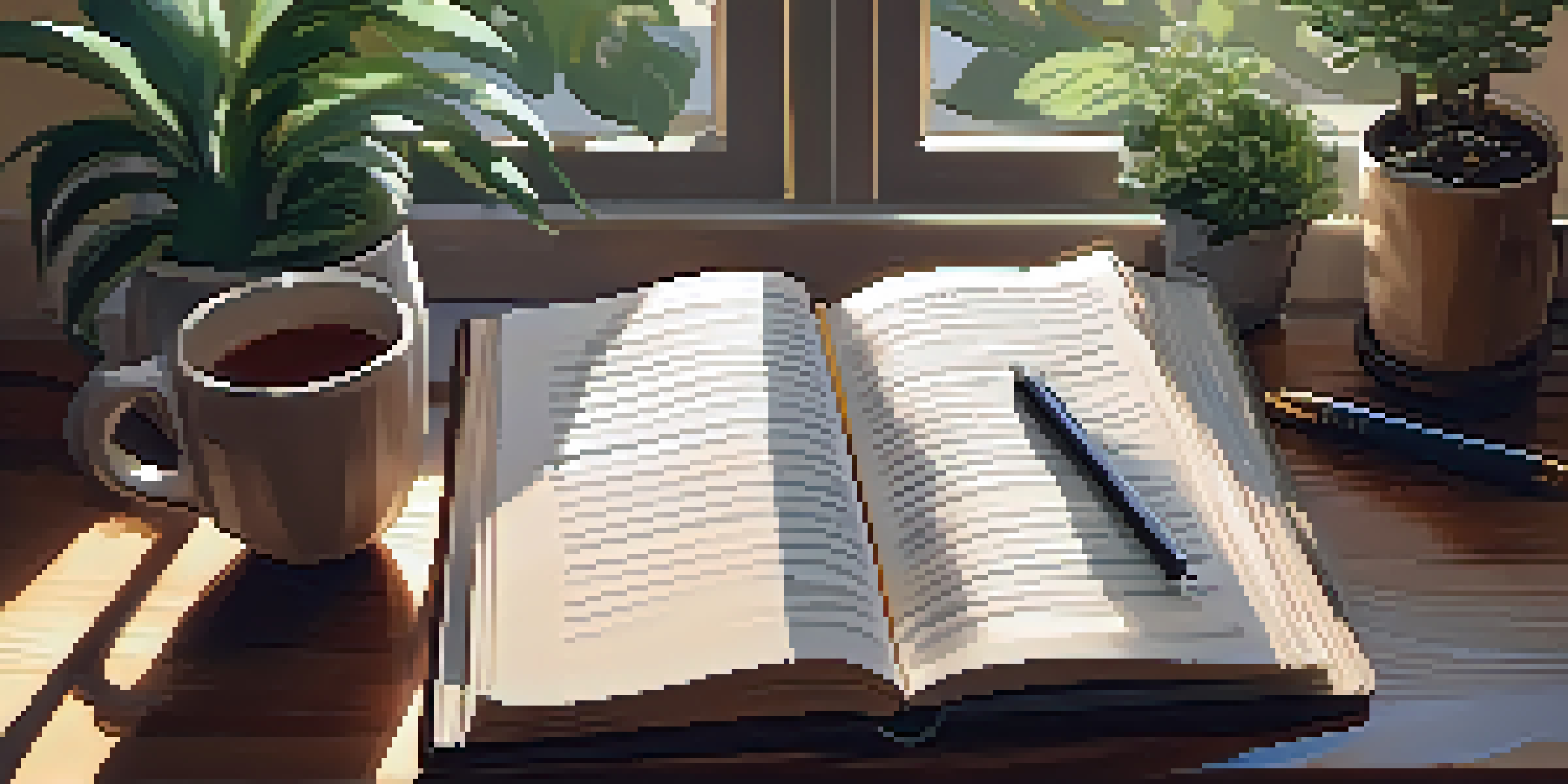 A cozy journaling space with a wooden table, an open journal and pen, potted plants, and soft lighting.