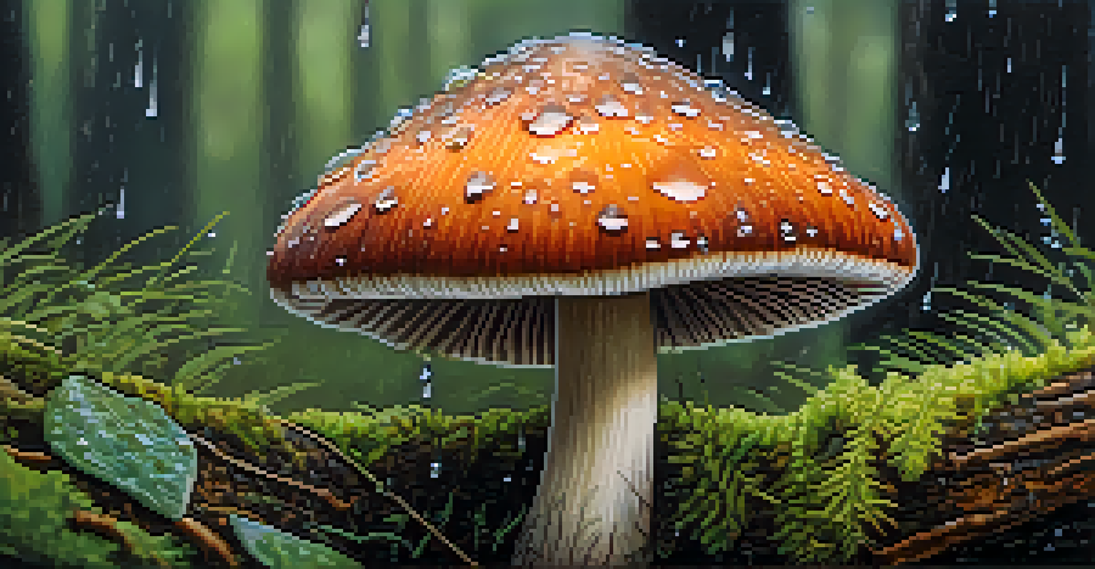 A detailed close-up of a colorful mushroom with raindrops and moss in a forest.