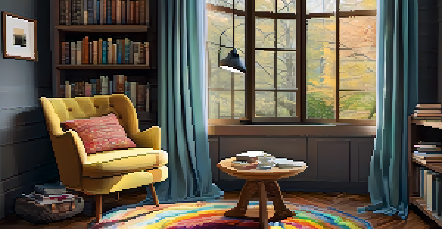 A cozy reading nook with an armchair, books, and a warm atmosphere, perfect for inspiring creativity on a rainy day.