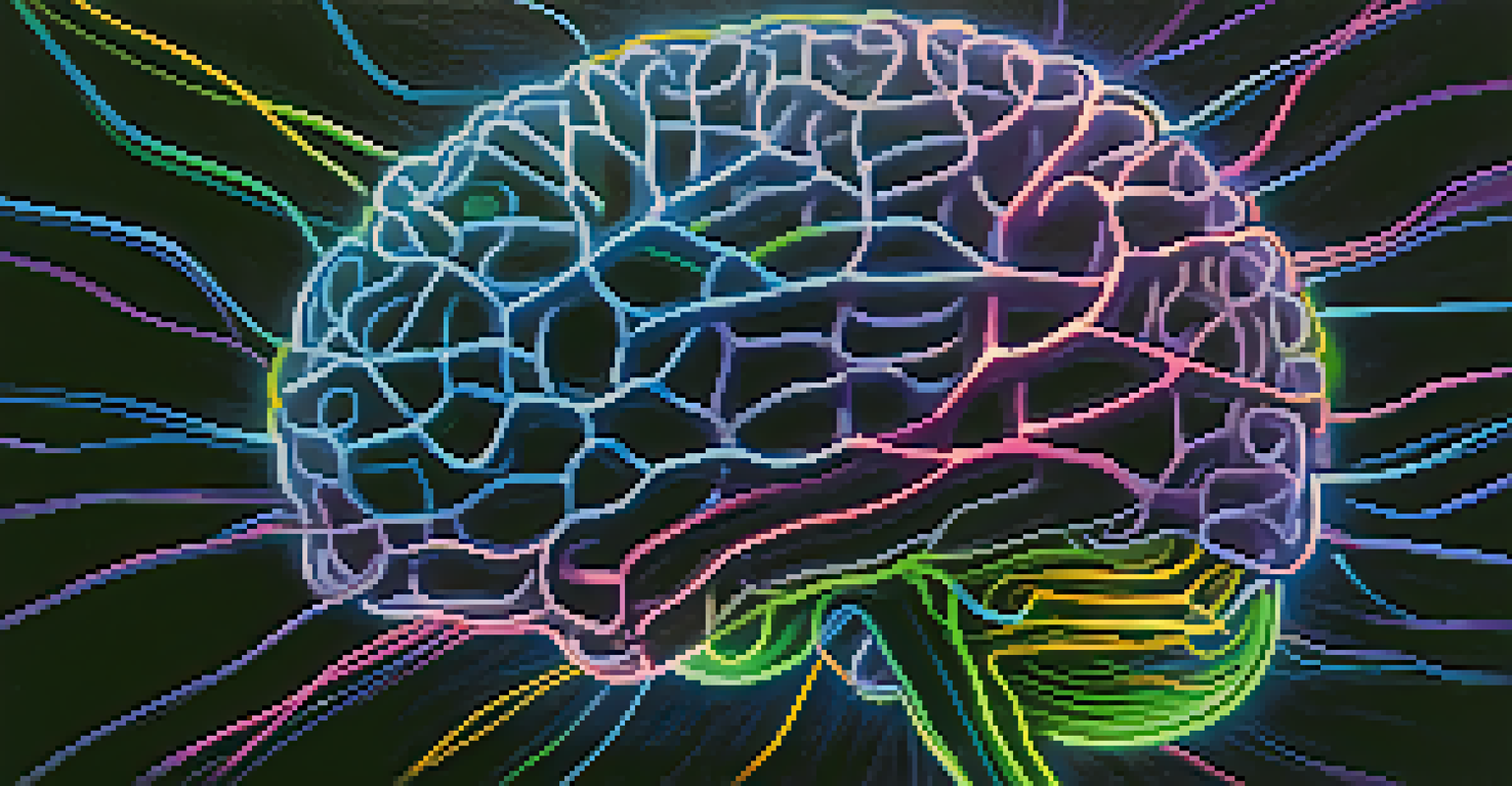 An abstract image of a brain with colorful neural pathways illuminated against a dark backdrop.