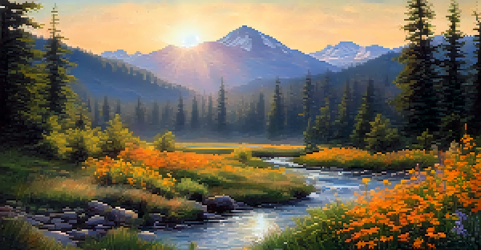 A peaceful forest scene with sunlight shining through the trees, colorful flowers in the foreground, and a flowing stream.